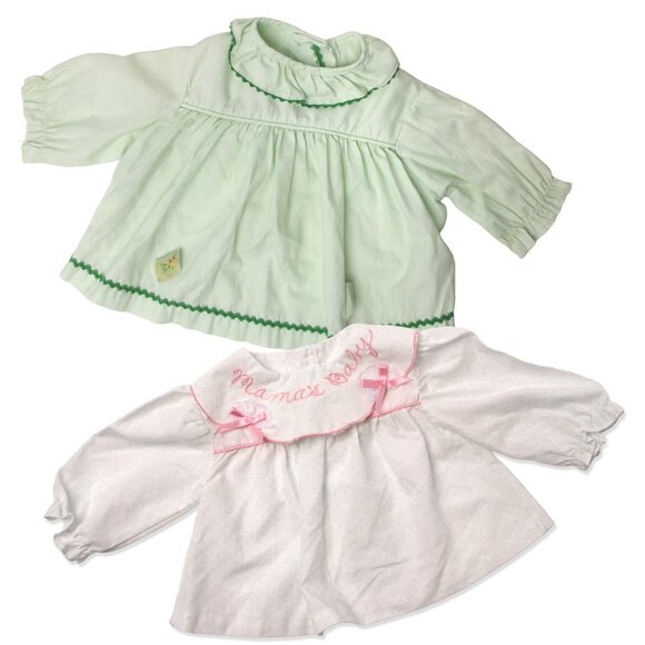 Vintage Baby Girls Dress Tops Frilly Green White Pink Hearts Polka Dot 1980s x 2 - Picture 1 of 13